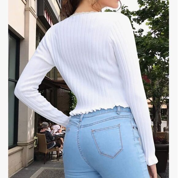 ⭐️nwt Kate Kasin Long Sleeve Button Down V Neck Lace Trim Knit Cardigan⭐️ - Picture 4 of 11